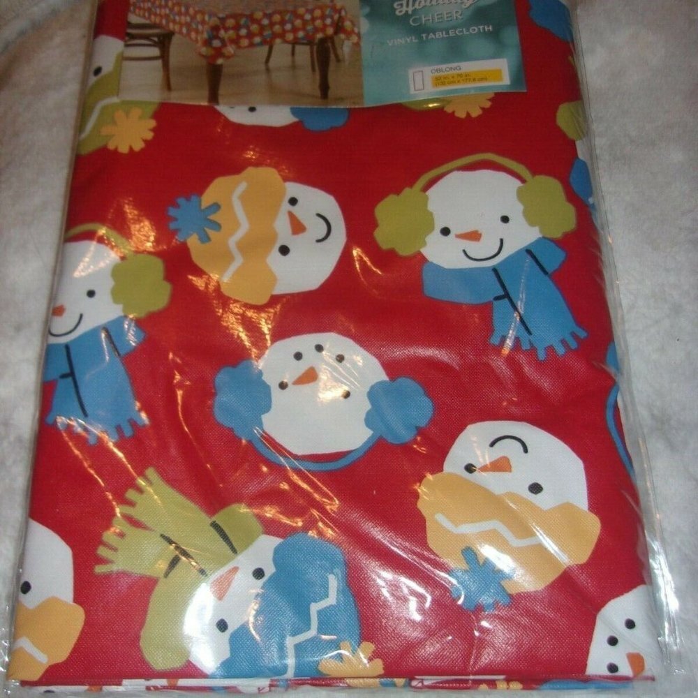 ST. NICHOLAS SQUARE CHRISTMAS CHEER VINYL TABLECLOTH~SNOWMEN~52"x70" Oblong ~NEW